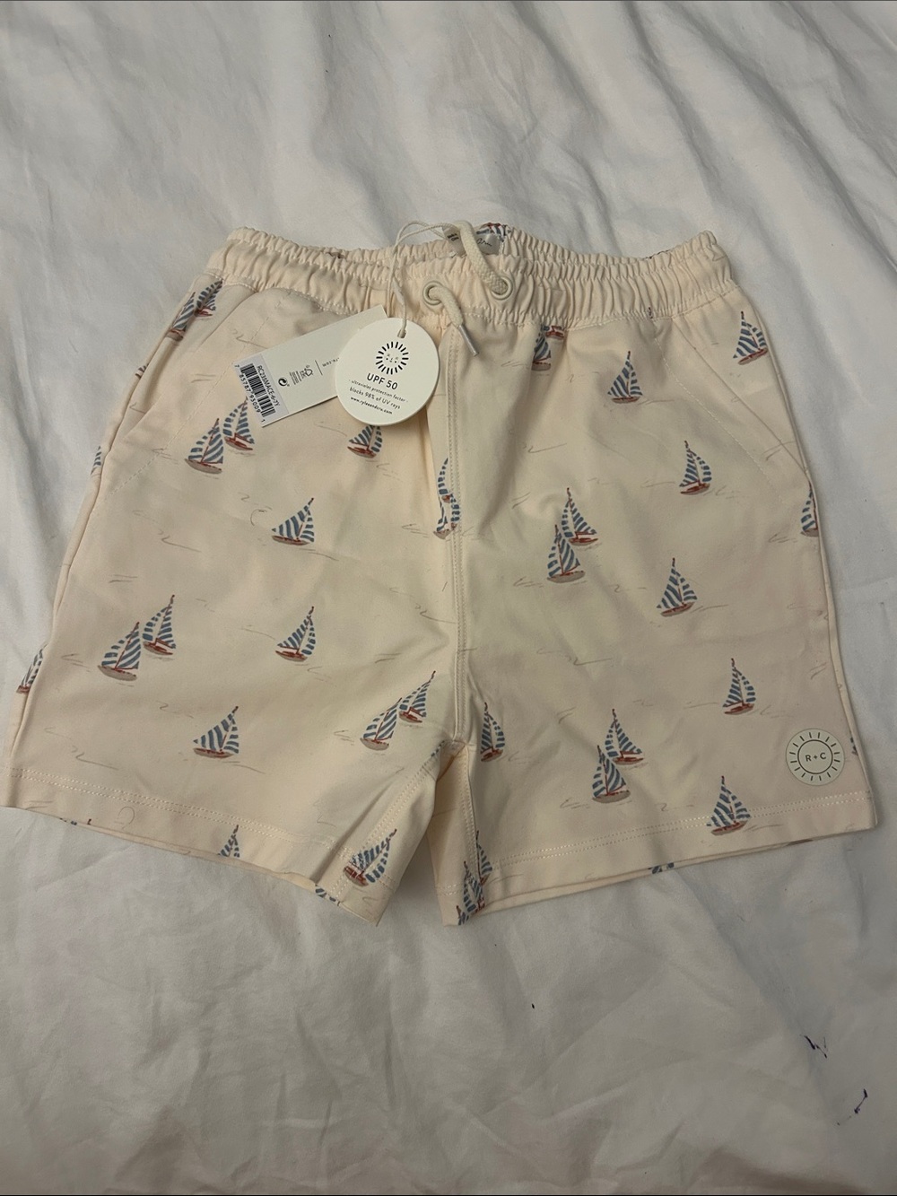 Rylee + Cru Cream Swim Shorts with Nautical Sailboat Print kids size 6